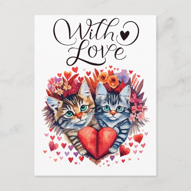 Cartão Postal De Festividades Namorados de aquarela felinos com amor (Frente)