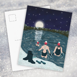 Cartão Postal De Festividades Natação em águas abertas em um lago com Natal neva