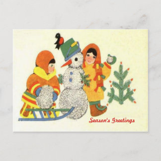 Cartão Postal De Festividades Natais vintages, crianças e boneco de neve