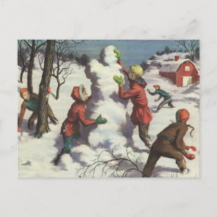 Cartão Postal De Festividades natais vintages, Crianças, Luta com Neve