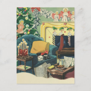 Cartão Postal De Festividades natais vintages de animais de estimação na sala