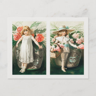 Cartão Postal De Festividades Natais vintages de Ano Novo Meninas com flor