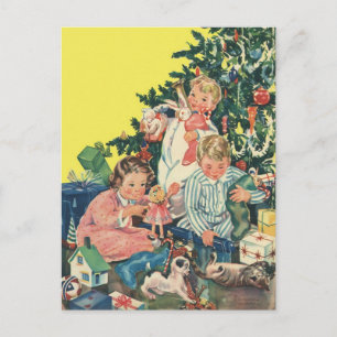 Cartão Postal De Festividades natais vintages de manhã, crianças abrindo prese