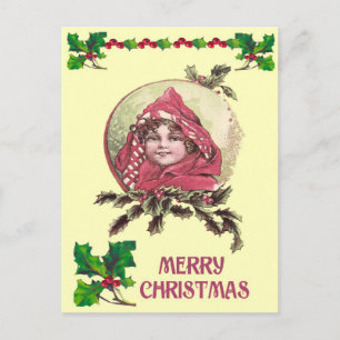 Cartão Postal De Festividades Natais vintages, Edwardian Girl em um capô