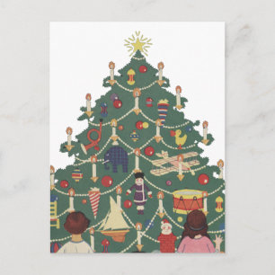 Cartão Postal De Festividades Natais vintages em torno de uma árvore decorada