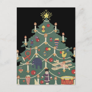 Cartão Postal De Festividades Natais vintages em torno de uma árvore decorada