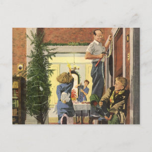 Cartão Postal De Festividades Natais vintages, Família Decorando a Casa