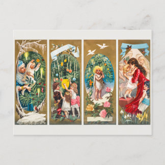 Cartão Postal De Festividades Natais vintages Famílias e Árvores de Natal