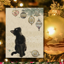 Cartão Postal De Festividades Natais vintages, Gato Negro, Olhando Para Ornament