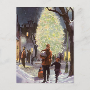 Cartão Postal De Festividades Natais vintages, pai Comprando com as crianças