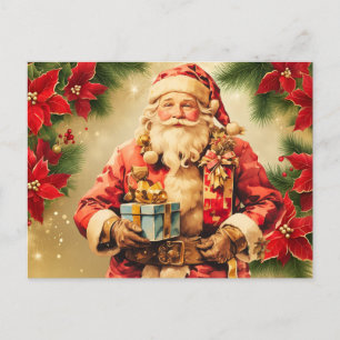 Cartão Postal De Festividades Natais vintages Papai Noel com Poinsettia