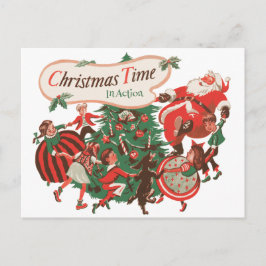 Cartão Postal De Festividades Natais vintages Papai Noel e Crianças Dançantes