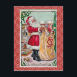 Cartão Postal De Festividades Natais vintages Postacrd<br><div class="desc">Este cartão postal personalizado fofo apresenta Santa Clause segurando seu cheio de brinquedos. Atrás de Papais noeis há uma prateleira que exibe um tambor de brinquedo, um forno de brinquedo, um barco de brinquedo, e um ursinho de pelúcia, uma buzina musical está deitada no chão próximo às botas de Papai...</div>