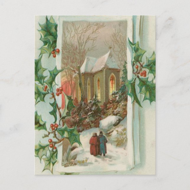 Cartão Postal De Festividades Natais vintages Snowy Church (Frente)