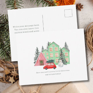 Cartão Postal De Festividades Natal Alegre cottage aquarela feriado de inverno