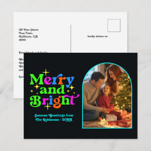 Cartão Postal De Festividades Natal Alegre e Brilhante Disco Neon Retrô
