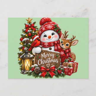 Cartão Postal De Festividades Natal Alegre Homem de Neve Rena Cardinal Vermelho