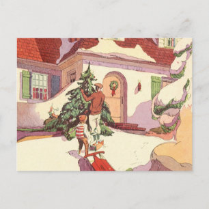 Cartão Postal De Festividades Natal Antigo, Casa de Família na Neve