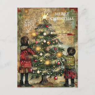 Cartão Postal De Festividades Natal Antigo Crianças Decorando Árvore