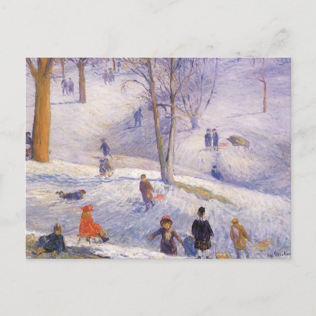 Cartão Postal De Festividades Natal Antigo, Esquiando, Glackens Central Park (Frente)