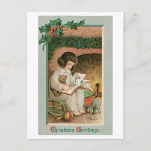 Cartão Postal De Festividades Natal antigo, Garota com ursinho de peluche
