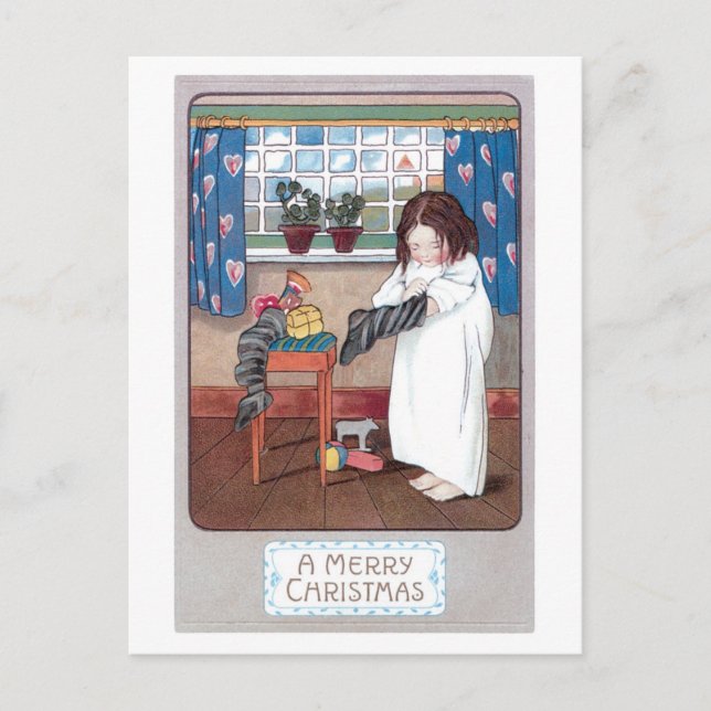 Cartão Postal De Festividades Natal antigo, Menina (Frente)