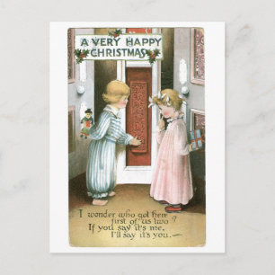 Cartão Postal De Festividades Natal antigo, Menino e Menina