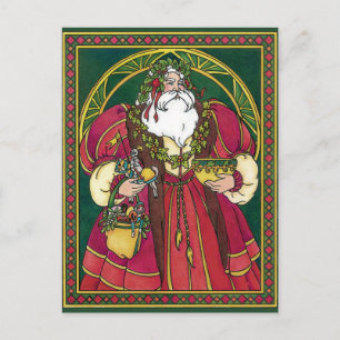 Cartão Postal De Festividades Natal Antigo, Papai Noel com Folhas de Azevinho