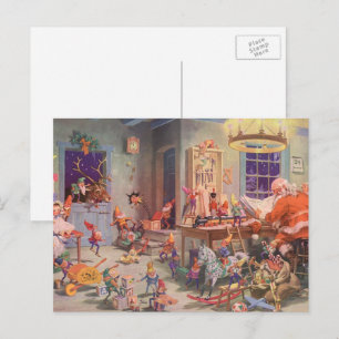 Cartão Postal De Festividades Natal Antigo, Papai Noel com Oficina de Elfos