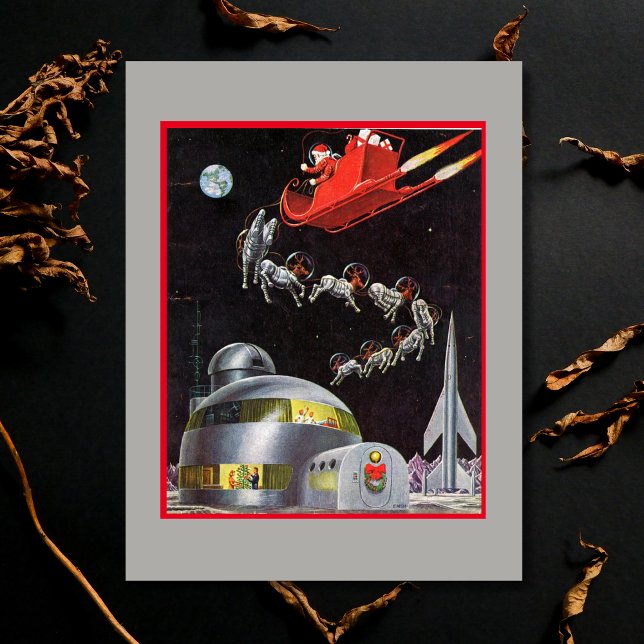 Cartão Postal De Festividades Natal Antigo Papai Noel e Rena no Espaço (Criador carregado)