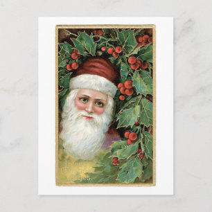 Cartão Postal De Festividades Natal antigo, Papais noeis, Holly