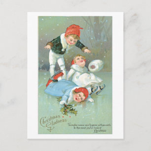 Cartão Postal De Festividades Natal antiquado, skate de gelo