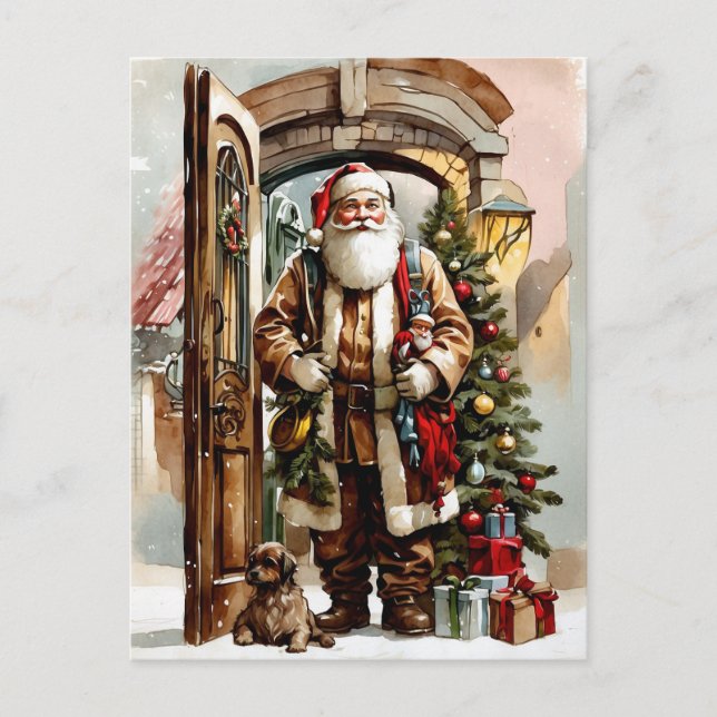 Cartão Postal De Festividades Natal Aquarela Papai Noel com Cachorro (Frente)