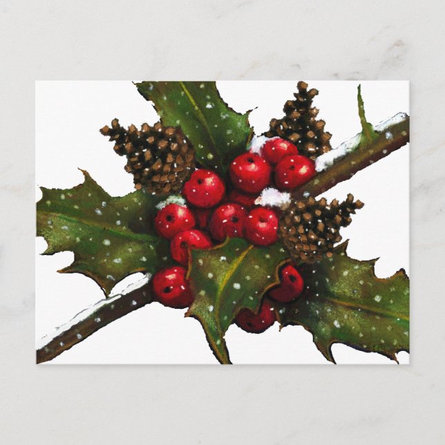 Cartão Postal De Festividades Natal: Berries, Holly, Pine Cones: Arte (Frente)