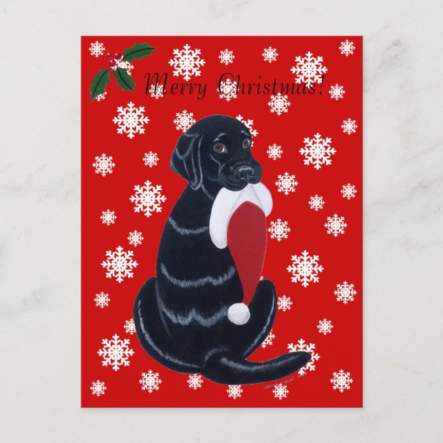 Cartão Postal De Festividades Natal Black Labrador & Santa Hat Floco (Frente)