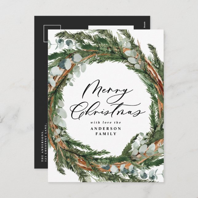 Cartão Postal De Festividades Natal botânico mínimo moderno de aquarela (Frente/Verso)