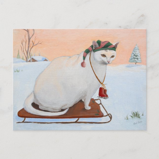 Cartão Postal De Festividades Natal Branco Gato de Férias na Neve (Frente)