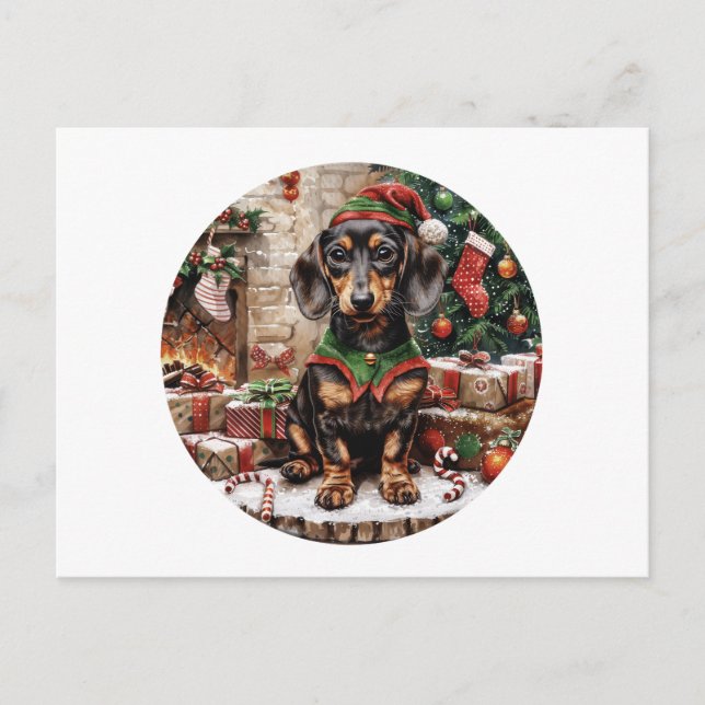 Cartão Postal De Festividades Natal Dachshund Dogs Elf (Frente)