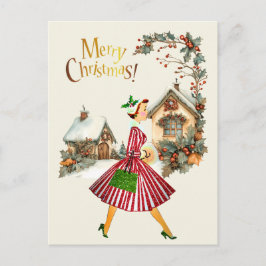 Cartão Postal De Festividades Natal de 1950 Senhora Vintage  