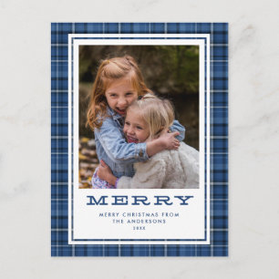 Cartão Postal De Festividades Natal de Foto Única Xadrez Azul Alegre