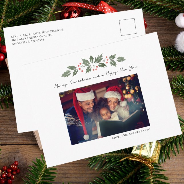 Cartão Postal De Festividades Natal de Fotografia da Família (Modern Family Photo Script Christmas Greetings)