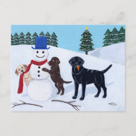Cartão Postal De Festividades Natal de Labrador com boneco de neve