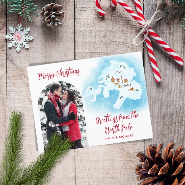 Cartão Postal De Festividades Natal de Mapa Único do Polo Norte Ilustrado (Criador carregado)