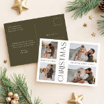 Cartão Postal De Festividades Natal de Quatro Fotografias Mínimas Verde Azul Mod<br><div class="desc">Celebre a temporada de festas com este moderno cartão-postal minimalista de oliveira verde apresentando uma colagem de quatro fotos. Com uma tipografia elegante e um pano de fundo verde-oliva na moda, este cartão é perfeito para as famílias que querem partilhar os seus momentos especiais com um toque quente e elegante....</div>