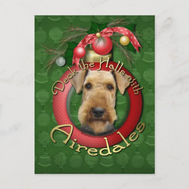 Cartão Postal De Festividades Natal - Deck the Halls - Airedales (Frente)