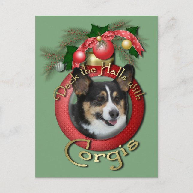 Cartão Postal De Festividades Natal - Deck the Halls - Corgis (Frente)