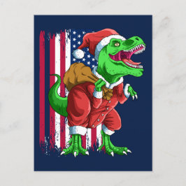 Cartão Postal De Festividades Natal divertido azul Papai Noel TRex Tiranossauro