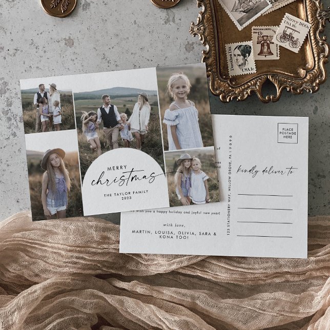 Cartão Postal De Festividades Natal do Modern Boho Arch Multi-Photo Family (Criador carregado)