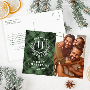 Cartão Postal De Festividades Natal do Monograma da Xadrez Verde