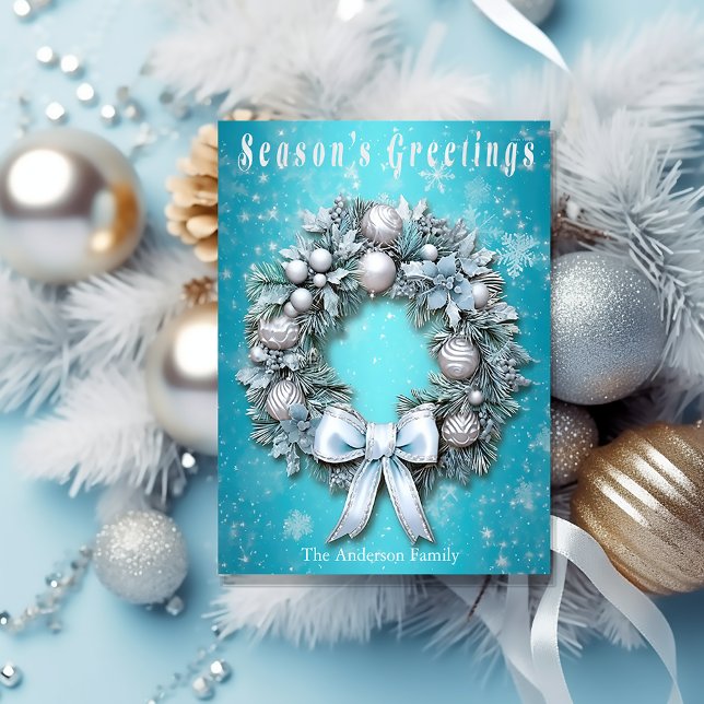 Cartão Postal De Festividades Natal do Teal Blue e Silver (Elegant Winter Wonderland Blue and Silver Wreath Christmas Postcard)